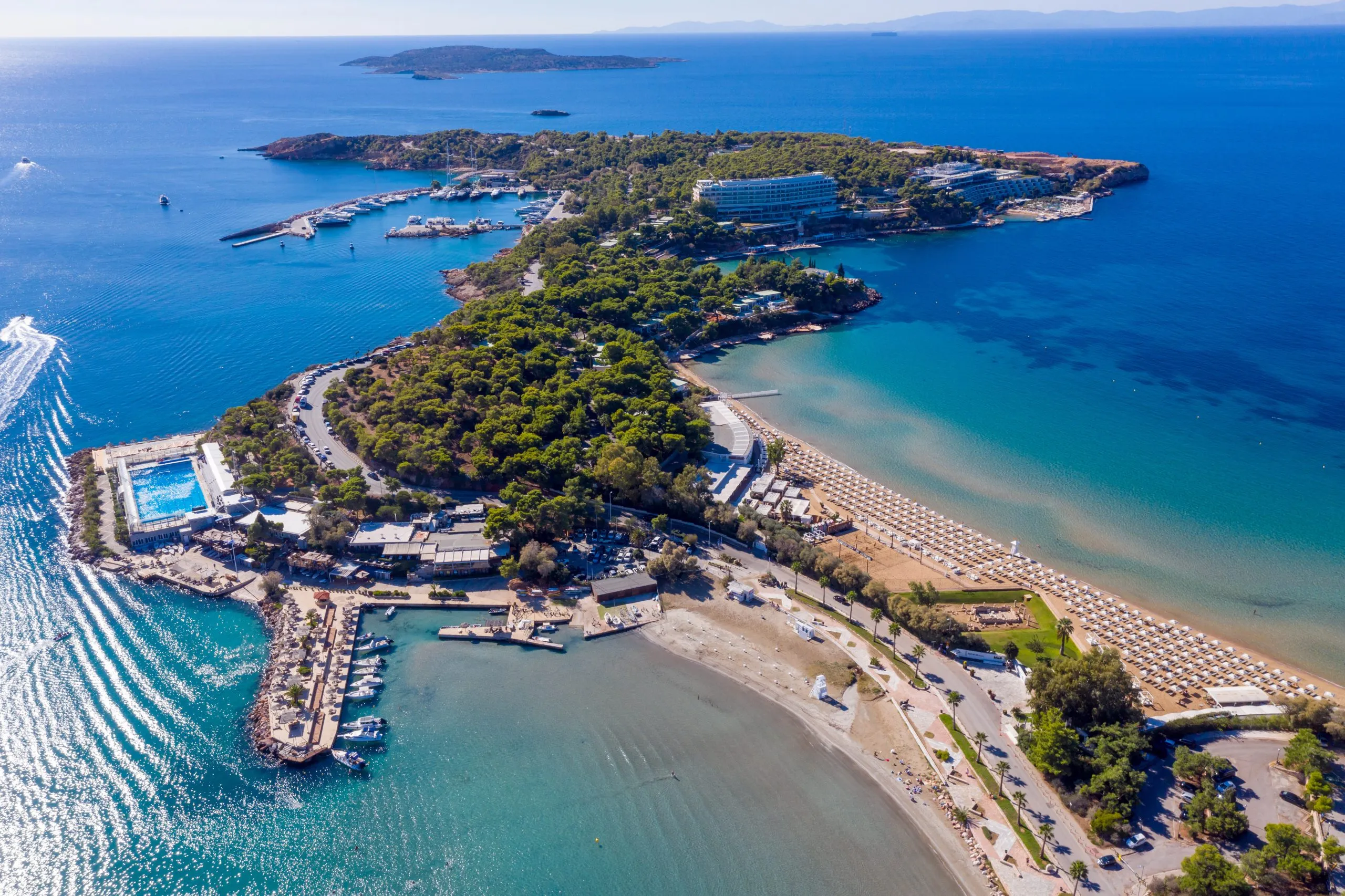 Athens Greece Riviera, Asteras Vouliagmeni panorama. Aerial drone view.